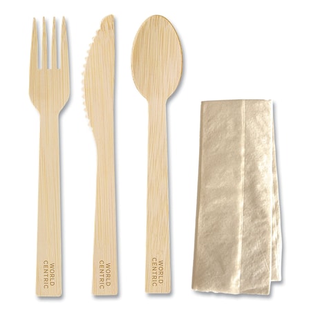 World Centric Bamboo Cutlery, Knife/Fork/Spoon/Napkin, 6.7 in., Natural, 250PK AS-BB-TN